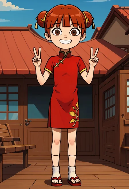 score_9, score_8_up, score_7_up, 1girl, solo, Fiore_DC, light skin, brown eyes, red hair, short hair, Double bun, bun cover, bangs, white socks, sandals, Chinese clothes, China dress, red cheongsam
big eyes, young, petite, small body, short body, child, flat chested, social smile, perfect eyes, perfect smile, looking at the viewer, detailed eyes, perfect eyes, standing, five fingers, perfect hands, hands sign peace, futuristic oedo town, blue sky, daytime, good weather, nice