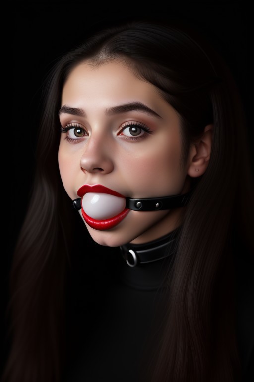 close up shot of a side portrait view of young woman, aged 22 yo, with long hair in front of a black background, studio light, beautiful, pretty, detailed skin, skin pores, high contrast ((large wide black ball gag)), vivid red lipstick