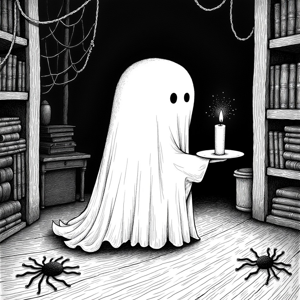 darkdreary, black and white ink drawing depicting a cute little ghost holding a plate with a lit candle on it. The background is an attic filled with old books and furniture, there are spiderwebs on the foreground