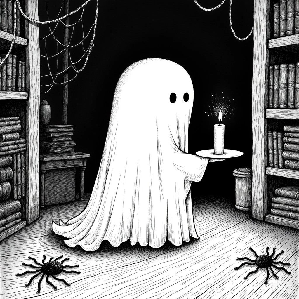 darkdreary, black and white ink drawing depicting a cute little ghost holding a plate with a lit candle on it. The background is an attic filled with old books and furniture, there are spiderwebs on the foreground