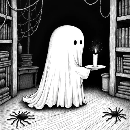 darkdreary, black and white ink drawing depicting a cute little ghost holding a plate with a lit candle on it. The background is an attic filled with old books and furniture, there are spiderwebs on the foreground