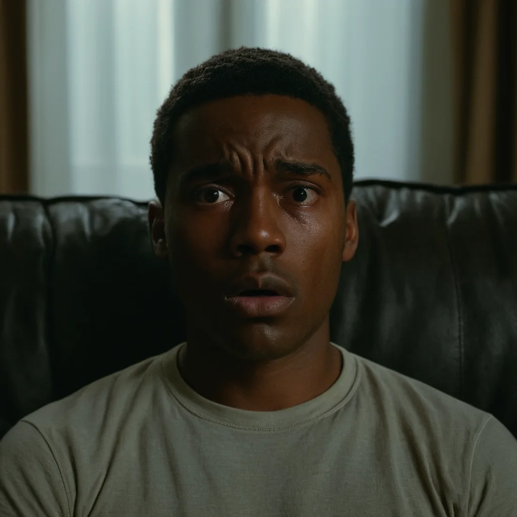 cinematic film still of <lora:shell shock style:1>
A cinematic Kodak Fujifilm picture of a man with a teary face sitting on a couch, sharp, detailed, cinematic, sad, depressed, wrinkly, tired, fatigue, unhappy, glum, melancholy, miserable, sorrowful, dejected, disconsolate, downhearted, downcast, realism, realistic, dispirited, desolate, oppressed, panic, fear, Combat stress reaction, shell shock style, solo, looking at viewer, open mouth, 1boy, brown eyes, male focus, teeth, indoors, dark skin, blurry, blurry background, dark-skinned male, curtains, portrait, bald, very dark skin, shirt, black hair, tears, parody, crying, white shirt, upper body
, shallow depth of field, vignette, highly detailed, high budget, bokeh, cinemascope, moody, epic, gorgeous, film grain, grainy