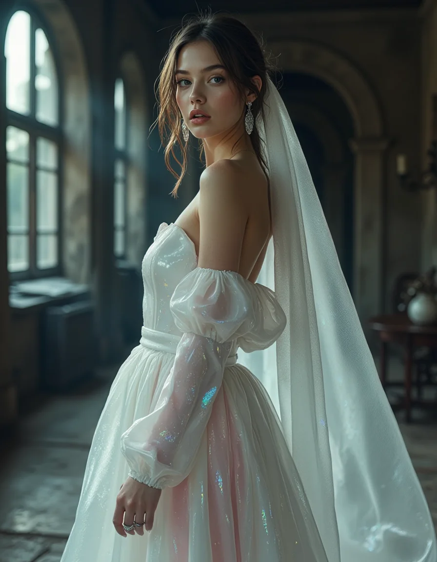 A photorealistic, high-fashion editorial photograph showcasing the ethereal side of the Mushroom Kingdom Fashion style, inspired by Boo. A female model with pale skin and perhaps playfully wide eyes poses mysteriously in a dimly lit, grand room with tall arched windows and shadows, hinting at a haunted mansion interior. She wears a flowing, asymmetrical gown primarily made of layered, semi-sheer white organza or tulle that floats around her like ghostly apparitions. One shoulder might be bare, while the other features gathered fabric creating volume. Subtle details could include iridescent thread embroidery or hidden blush-pink fabric layers peeking through. Her expression is shy yet mischievous. Accessories are minimal: perhaps clear or iridescent drop earrings and delicate silver rings. The lighting is soft, moody, and atmospheric, with low key lighting creating deep shadows and highlights catching the sheer fabric, possibly with faint lens flare suggesting spectral energy. Ghostly elegance, mysterious allure, ultra-detailed fabric textures, sharp focus on model, 8K.
<lora:mushroom-kingdom-fashion-flux:0.8>