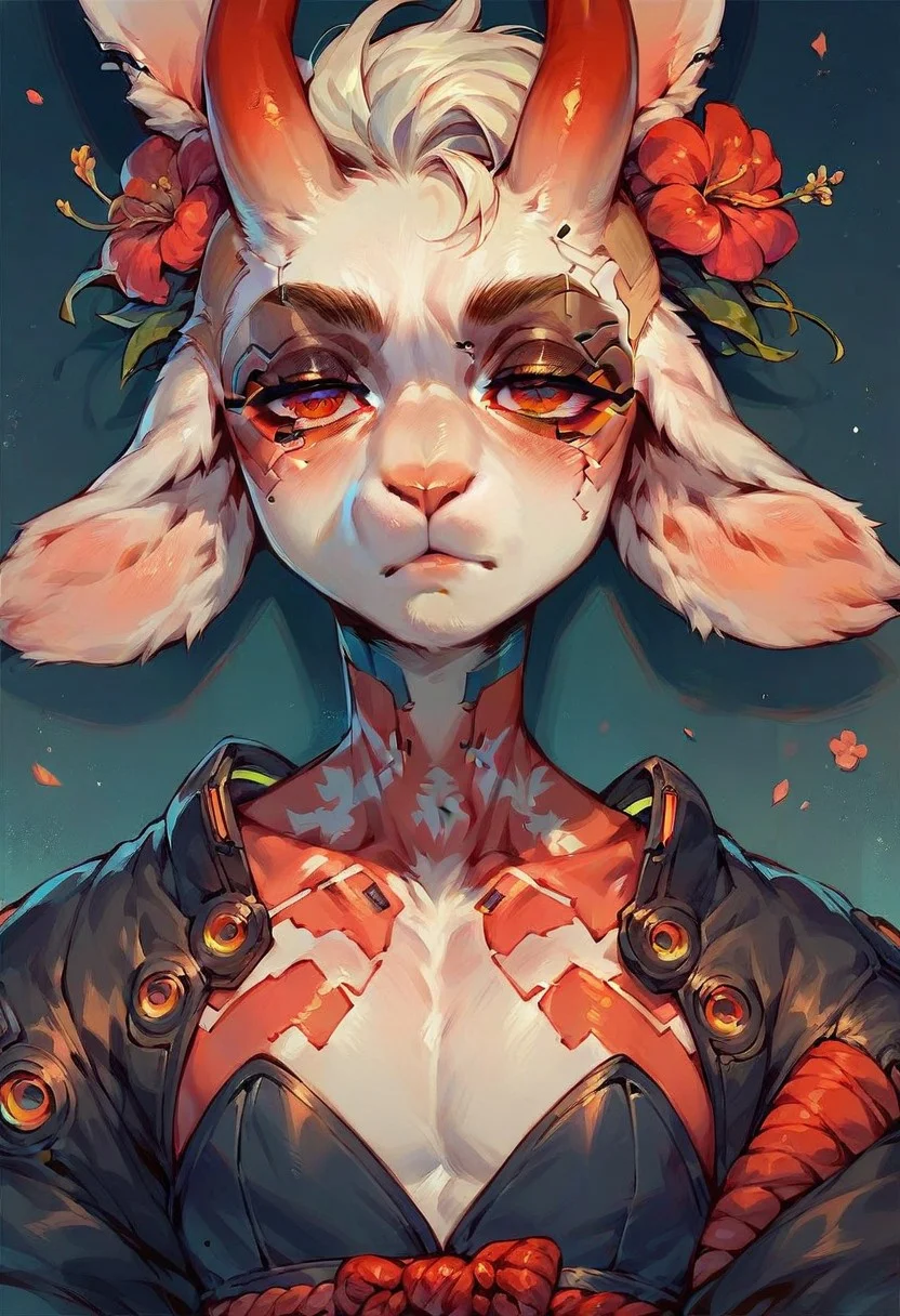 score_9, score_8, score_7, score_9, score_8_up, score_8, score_9, solo, ninja, cyberpunk red Ninja, black to red oni horns with a flower, (cyberpunk neon red eyes), boy, bored face, semi clothed, goat Femboy, cute, big adorable eyes, goat/bunny fusion, bunny ears ram goat ears, revealing and slutty Femboy attire, male Anthro, nonchalant cockiness,
