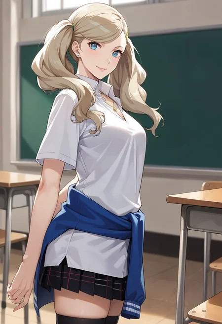 score_9, score_8_up, source_anime
1 girl, solo,
p5ann, takamaki anne, blonde hair, long hair, twintails, swept bangs, hair clip,
p5ann-sumuni, necklace, polo shirt, white polo shirt, short sleeves, sweater around waist, blue sweater, pleated skirt, plaid skirt, black socks, kneehighs, loafers, brown footwear, shujin academy school uniform
classroom, standing, smile, looking at viewer, hands behind back, from side,
masterpiece, best quality, ultra detailed,