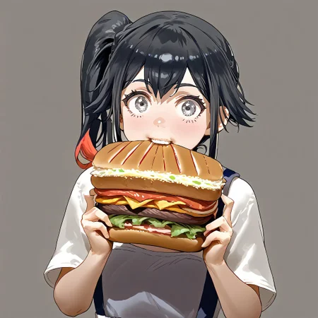 solo, 1girl, shiki_dwno, long black hair, multicolored hair, side ponytail, gray eyes, deli,  holding, sandwich, biting , looking at viewer, surprised, absurdres, 4kres, source_anime, score_7_or_higher, csr style, mammoth_metal_style