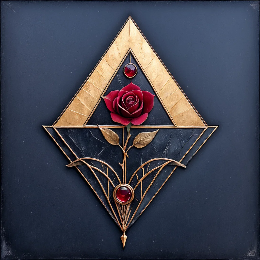 ArsMJStyle, Art Deco, <lora:add-detail-xl:1.2>, <lora:Art_Deco:1> ArsMJStyle, Art Deco, The image shows a red rose in the center of a triangle on a black background surrounded by a golden triangle. The rose is a deep red color and the triangle is a golden hue. The background is a stark black creating a striking contrast with the vibrant red of the rose., no humans, still life, flower, red flower, rose, traditional media, red rose, border, leaf, painting (medium), framed, red gemstone, acrylic paint (medium), coffin