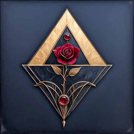 ArsMJStyle, Art Deco, <lora:add-detail-xl:1.2>, <lora:Art_Deco:1> ArsMJStyle, Art Deco, The image shows a red rose in the center of a triangle on a black background surrounded by a golden triangle. The rose is a deep red color and the triangle is a golden hue. The background is a stark black creating a striking contrast with the vibrant red of the rose., no humans, still life, flower, red flower, rose, traditional media, red rose, border, leaf, painting (medium), framed, red gemstone, acrylic paint (medium), coffin