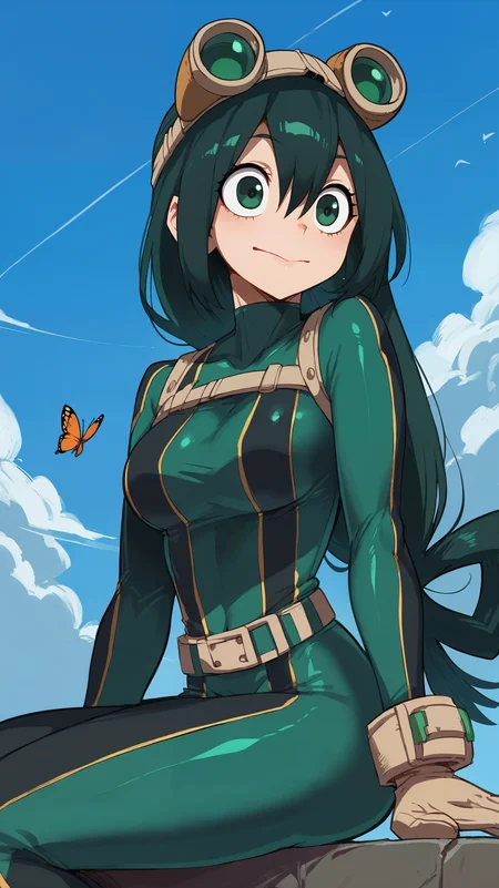 score_9,score_8_up,score_7_up,score_6_up, source_anime, girl, <lora:Frerry_epoch_15:0.7>, Frerry, dynamic pose, butterfly sitting, <lora:Tsuyu Asui (Froppy) - Pony:0.6> long hair, green hair, low tied hair, hair rings, green eyes, green bodysuit, black bodysuit, multicolored bodysuit, skintight, goggles, goggles on head, gloves, belt, large eyes,