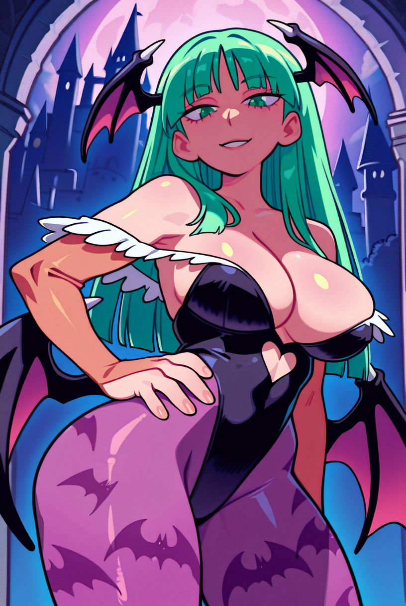spd0ru, masterpiece, best quality, aesthetic, shiny skin, upperbody, 1girl, one hand on hip, gothic castle, morrigan aensland, 1girl, demon girl, green hair, green eyes, leotard, off shoulder, pantyhose, cleavage, large breasts, demon wings, slight blush, looking at viewer, smile, half closed eyes, warm lighting, 