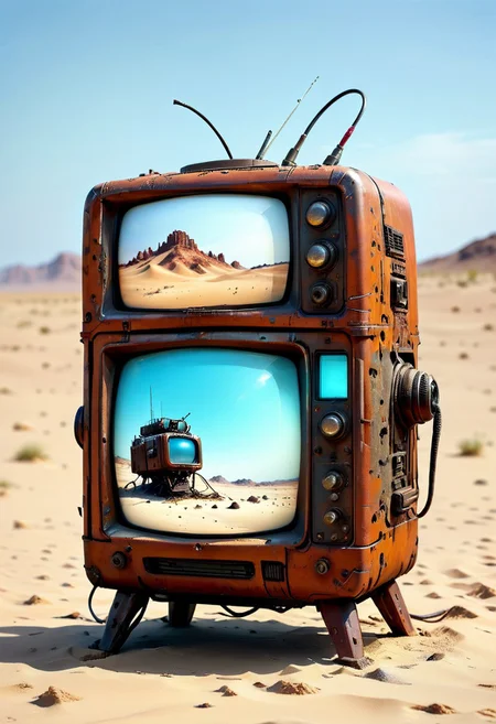 ultra high resolution, masterpiece, best quality, a sci-fi , desert, A (rusty) and (broken) retro TV set buried in the sand, in the style of hyper realistic photography. evi@decrepPunk, no human