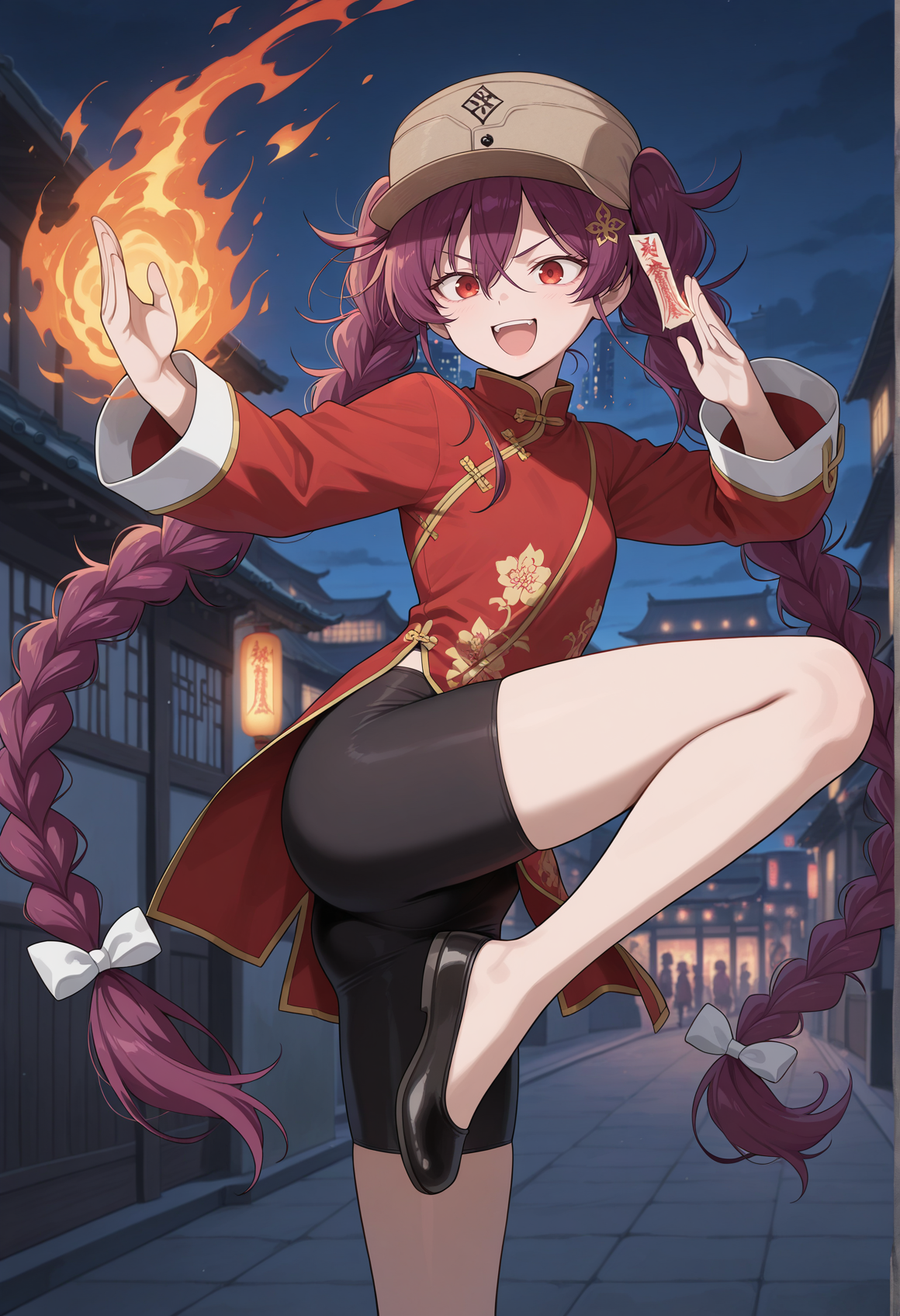 anime screenshot, anime coloring, 1girl, skinny, night, long hair, purple hair, red eyes, twin braids, talisman hair ornament, cap, chinese clothes, bike shorts, smile, open mouth, serious, casting spell, fire magic, outdoors, city, fighting stance, kung fu, on one leg  <lora:Lanlan_Fang_Fatetype_redline:1>, masterpiece, best quality, amazing quality, very aesthetic, absurdres, highres, newest