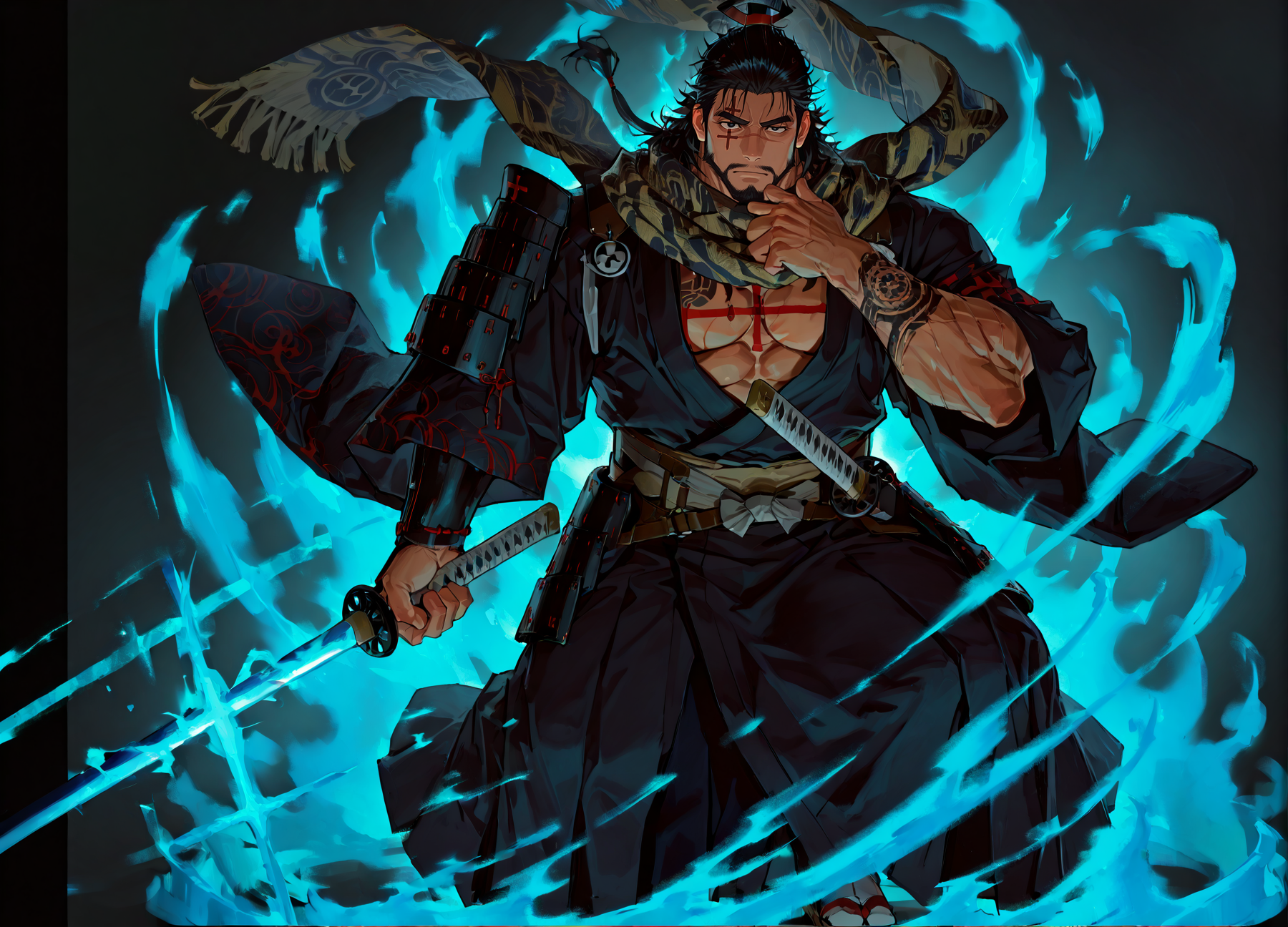 <lora:Zehn__Alchemist_Code-000002:.7>, tagatamezehn, zehn_black hair, zehn_kimono, 1boy, short black hair, slicked back, tied hair, scar across eye, scar on nose, scarf, beard, solo, male focus, manly, bara, mature male, muscle body, kimono, armor, tattoo on chest, cross tattoo, single arm tattoo, pants, zouri, tabi, runes, samurai,
male focus, muscular male, muscular male, bara, mature, facial hair, beard, full beard, sideburn, mustache, stubble,), facial hair, bara, mature, body hair, aixiwuganda_(20222192), very awa, masterpiece, best quality, absurdres, newest, perfect quality, detailed background, intricate details,, <lora:slider_Body Type_alpha1.0_rank4_noxattn_last:2><lora:Anime Summer Days 2 Style SDXL_LoRA_Pony Diffusion V6 XL:.6><lora:merged:.7>, DARK, DARK BACKGROUND, LOW-KEY LIGHTING <lora:slider_cfg_scale_boost:.7><lora:Artist6p:.55>, Artist6p, Artist04p,<lora:slider_il_brightness_slider_d1:-1><lora:slider_il_contrast_slider_d1:-.45>,<lora:slider_contract_controller_illus01_v1:.5>, <lora:addon_illustriousXLv01_stabilizer_v1.121:.5>,<lora:slider_DarkSlider1.2_alpha1.0_rank16_full_300steps:-1>