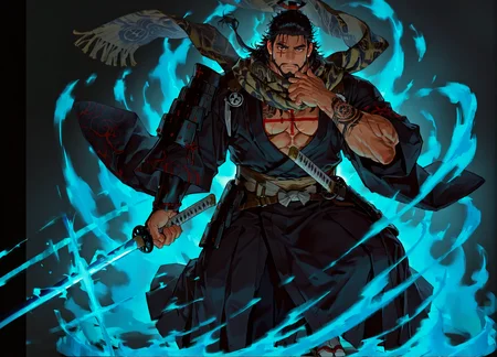 <lora:Zehn__Alchemist_Code-000002:.7>, tagatamezehn, zehn_black hair, zehn_kimono, 1boy, short black hair, slicked back, tied hair, scar across eye, scar on nose, scarf, beard, solo, male focus, manly, bara, mature male, muscle body, kimono, armor, tattoo on chest, cross tattoo, single arm tattoo, pants, zouri, tabi, runes, samurai,
male focus, muscular male, muscular male, bara, mature, facial hair, beard, full beard, sideburn, mustache, stubble,), facial hair, bara, mature, body hair, aixiwuganda_(20222192), very awa, masterpiece, best quality, absurdres, newest, perfect quality, detailed background, intricate details,, <lora:slider_Body Type_alpha1.0_rank4_noxattn_last:2><lora:Anime Summer Days 2 Style SDXL_LoRA_Pony Diffusion V6 XL:.6><lora:merged:.7>, DARK, DARK BACKGROUND, LOW-KEY LIGHTING <lora:slider_cfg_scale_boost:.7><lora:Artist6p:.55>, Artist6p, Artist04p,<lora:slider_il_brightness_slider_d1:-1><lora:slider_il_contrast_slider_d1:-.45>,<lora:slider_contract_controller_illus01_v1:.5>, <lora:addon_illustriousXLv01_stabilizer_v1.121:.5>,<lora:slider_DarkSlider1.2_alpha1.0_rank16_full_300steps:-1>