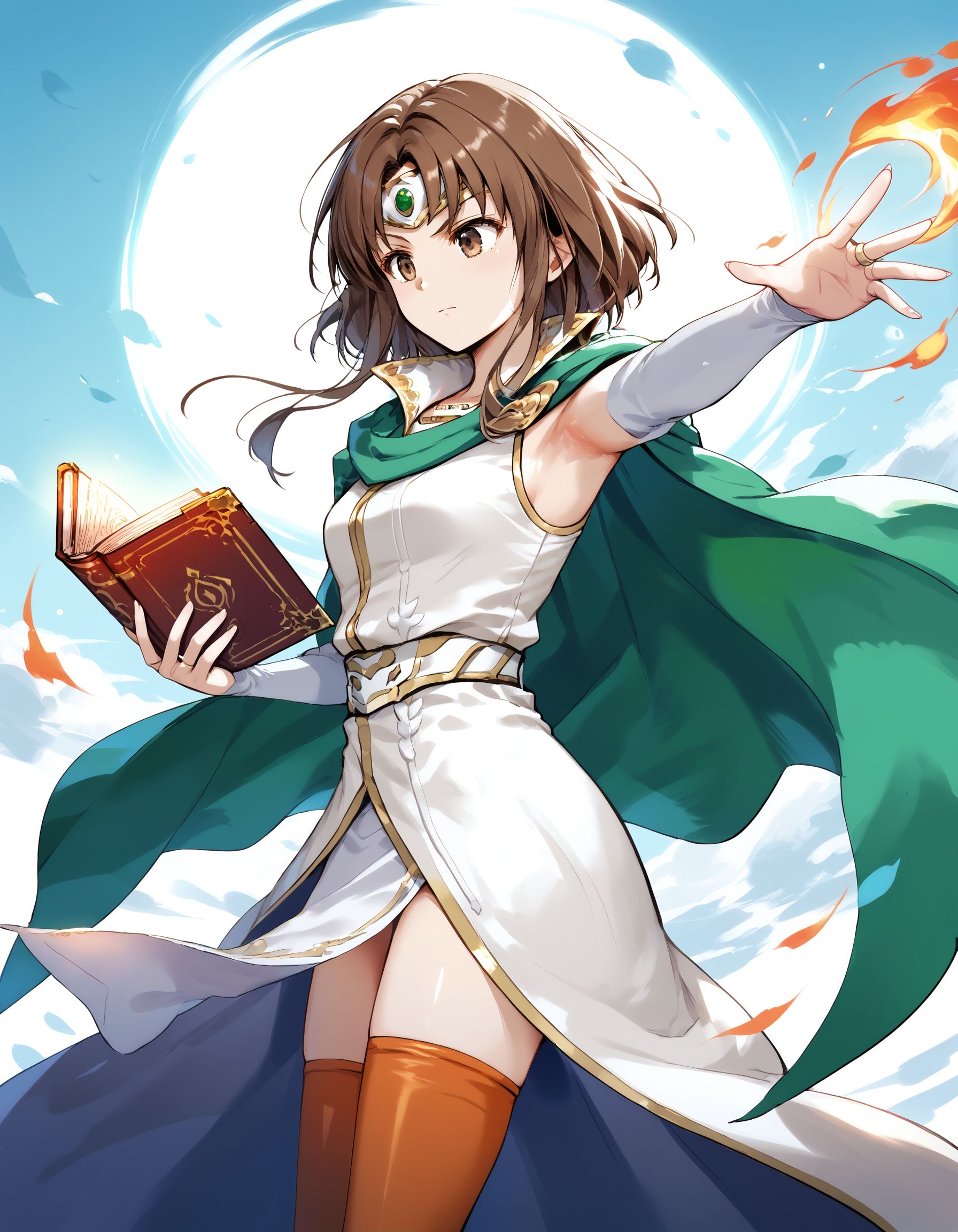 score_9, score_8_up, score_7_up, score_6_up, BREAK source_anime, best quality, masterpiece,
1girl,<lora:miranda fehPonyXL:0.8>,miranda feh,brown eyes,circlet,cape,bridal gauntlets,dress,pelvic curtain,thighhighs,cowboy shot,standing,reaching out,holding book,magic,fire effect,from side