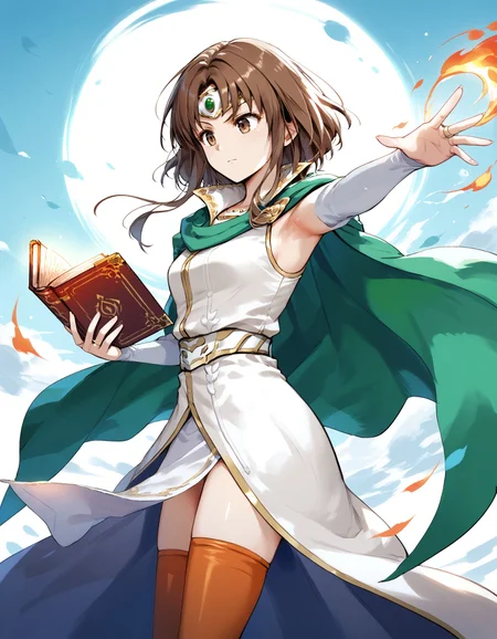 score_9, score_8_up, score_7_up, score_6_up, BREAK source_anime, best quality, masterpiece,
1girl,<lora:miranda fehPonyXL:0.8>,miranda feh,brown eyes,circlet,cape,bridal gauntlets,dress,pelvic curtain,thighhighs,cowboy shot,standing,reaching out,holding book,magic,fire effect,from side