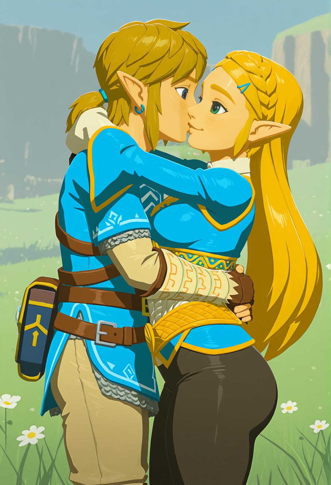 amazing quality,very aesthetic,absurdres,best quality,newest,masterpiece,4k resolution, absurdres, highres, detailed background, 
  <lora:Princess_Zelda_ILXL:0.8> 1girl, princess zelda, blonde hair, pointy ears, botw, long hair, hair ornament,  blue shirt, black legwear, (thick thighs:0.6), smile, happy, 1boy, link, looking at another, hug, kiss, outdoors, grass