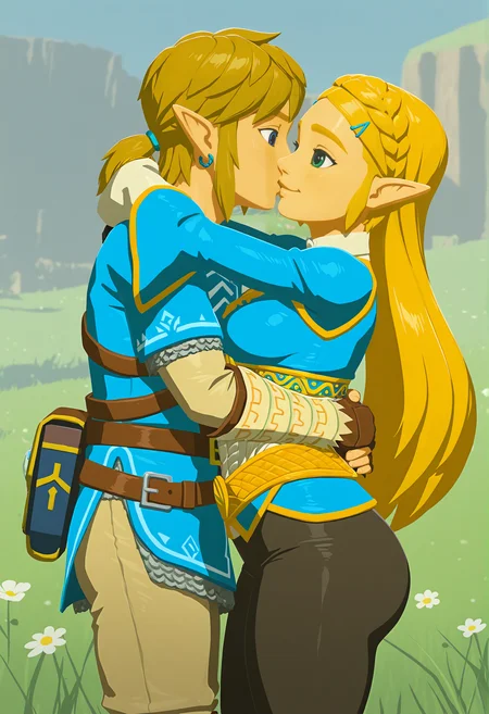 amazing quality,very aesthetic,absurdres,best quality,newest,masterpiece,4k resolution, absurdres, highres, detailed background,
<lora:Princess_Zelda_ILXL:0.8> 1girl, princess zelda, blonde hair, pointy ears, botw, long hair, hair ornament, blue shirt, black legwear, (thick thighs:0.6), smile, happy, 1boy, link, looking at another, hug, kiss, outdoors, grass