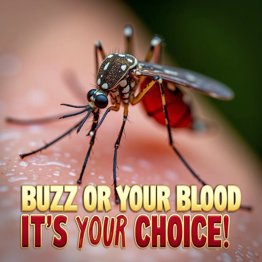 A close-up of a mosquito perched on human skin, detailed and lifelike. Below the image, a caption in bold text humorously reads 'Buzz or your blood, it's your choice!' with the word 'buzz' highlighted in gold and with the word 'blood' highlighted in red