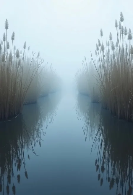 "Foggy Marshland with Reed Reflections"
Painters: Mike Bayne (sharp, photographic quality), Emile Claus (soft, hazy lighting), Alyssa Monks (moody realism).
Description: A mist-covered marshland with tall reeds and still water that reflects each plant in hyper-real detail. Soft fog drifts through, creating a quiet, serene atmosphere.