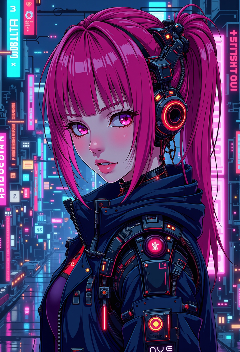 <lora:ck-nc-cyberpunk-V2-000013:1>, A digital artwork in the style of cknc, a cyberpunk woman with pink hair