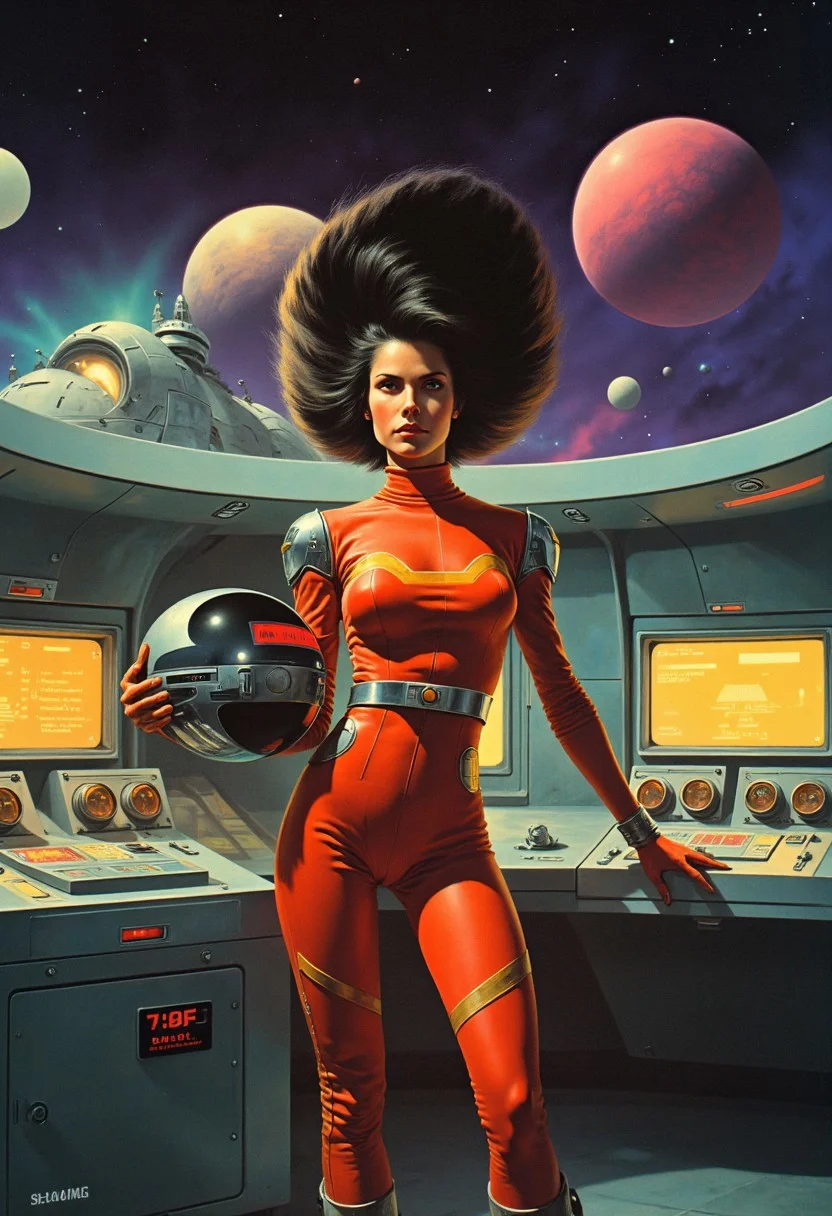 A powerful female space commander in a retro ck-70scf aesthetic, standing confidently on the bridge of a starship. She wears a sleek, futuristic uniform made of metallic fabrics with bold geometric patterns and exaggerated shoulder pads, evoking the classic space-age style. Her helmet, adorned with chrome accents, is under one arm, revealing her voluminous, feathered hair and fierce expression. The control panels around her are lined with analog dials, glowing buttons, and flickering screens in bright neon hues, reflecting the vibrant, optimistic vision of the future. Behind her, massive windows reveal the deep expanse of space, with colorful planets and swirling nebulas in the background. A cinematic mid-shot captures her commanding presence as she issues orders, bathed in dramatic lighting with sharp shadows and lens flares typical of 70s sci-fi films.