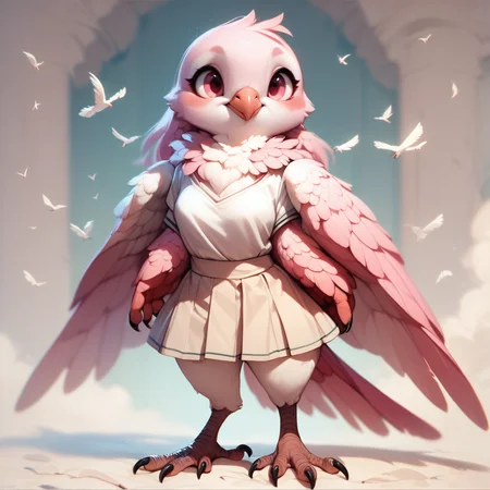 score_9, score_8_up, score_7_up, score_6_up,fscore_9, score_8_up, score_7_up, source_furry, feathers, claws, furry female, body feathers, dove, wings, feathered wings, pink body, pink tail, pink eyes, blush, smile, (white top, white short skirt), front view, standing, full length, detailed background, detailed, <lora:Anthro_birds_for_pony_-_2:0.9>