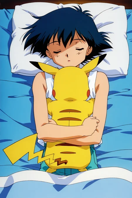 <lora:90s_pony:0.5>,<lora:Pony_DetailV2.0:-1>,
score_9,score_8_up,score_7_up,score_6_up,score_5_up,score_4_up,source_anime,
(masterpiece,highest quality,Super detailed,8k,High resolution,an extremely delicate and beautiful,Official Art,Perfect Anatomy:1.5),((1990s \(style\),90s anime,90s anime style,retro artstyle,Cel-shaded anime,anime screencap,anime coloring:1.25)),(1boy:1.5),perfect face,beautiful,sexy,athletic body,shiny skin,
<lora:Ash_Ketchum_-_Kanto_ILL:1>,closed eyes,sleeping,black hair,bangs,messy hair,tank top,white tank top,pikachu,hugging pikachu,indoor,bed,sleeping,pillow,night,blanket,