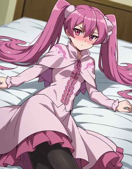 score_9, score_8_up, score_7_up, source_anime,
agkmine, <lora:agk-mine-s1-ponyxl-lora-nochekaiser:1>,
mine, long hair, twintails, pink hair, pink eyes,
dress, pantyhose, pink dress, capelet, pink capelet, pink skirt, skirt, long sleeves,
indoors, bed, bed room, on side, blush, drunk,
cowboy shot, solo, dutch angle, looking at viewer,