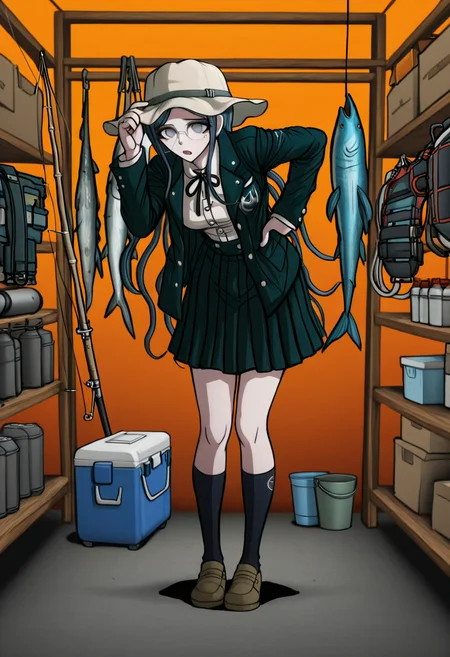 masterpiece, best quality, absurdres, <lora:Tsumugi_Shirogane_Illustrious:0.2>, <lora:Danganronpa_Locations:1>, danganronpa_(series),Tsumugi Shirogane,danganronpa_(series), danganronpa_v3:_killing_harmony, shirogane_tsumugi, 1girl,blue_hair, blue_eyes, dark_blue_hair, black_jacket, black_skirt, black_socks, brown_shoes, full_body, glasses, jacket, long_sleeves, open_clothes, open_jacket, orange_background, shirt, shoes, skirt, socks, solo, white_shirt, indoor_scene,storage_room,shelves,diving_equipment,wetsuits,diving_masks,fins,fish_tank,oxygen_tank,diving_gear,hanging_clothes,wooden_shelves,fishing_rod,hats,folded_clothes,metal_containers,fishing_equipment,bucket,cooler,summer_hat,sketch_style,cartoon_art,indoor_lighting,organized_storage,danganronpa,danganronpa_(series),danganronpa_2:_goodbye_despair,danganronpa 2,danganronpa sprite style,danganronpa_sprite_style