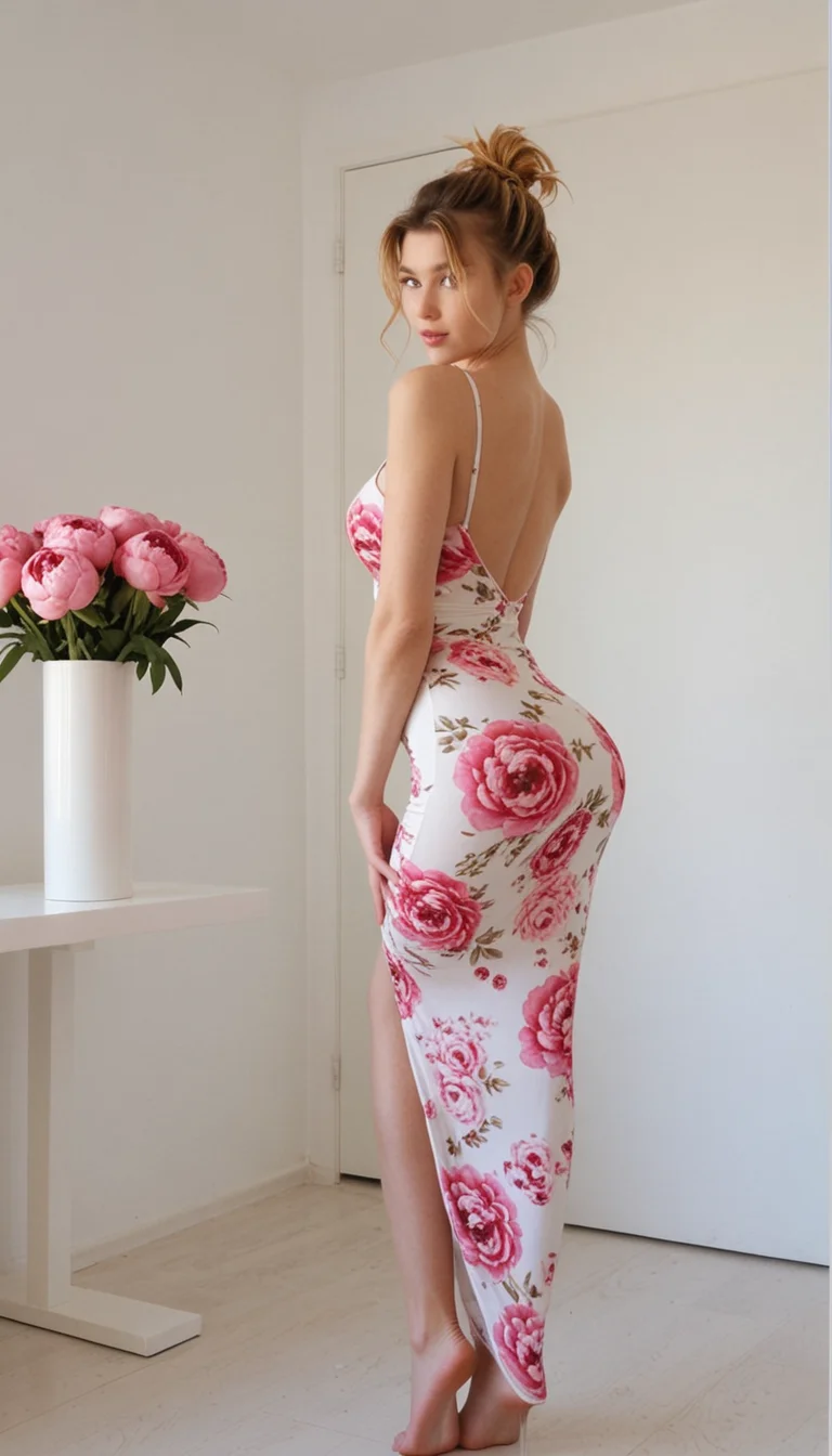 svlori, messy single hair bun, slender curvy body, front view dress completely covered with pink peonies, White minimalist room with nothing, high detail . High fashion, trendy, stylish, editorial, magazine style, professional, highly detailed <lora:SV_-_Lori:0.85>