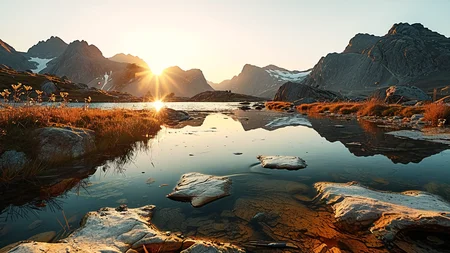 masterpiece,best quality,amazing quality,high resolution,ultra-detailed,absurdres,HDR,8K,high contrast,realistic,muted lithing,sharp focus,fine details,
A professional landscape photography of the view On a secluded alpine tarn fringed with wind-polished quartzite slabs. At summer dusk, golden light filters through drifting mist, the tarn glows amber, and dragonflies hover above still ripples. ,