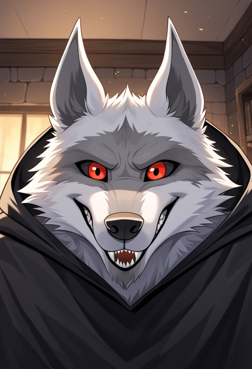best quality, newest, absurdres, highres, 1boy,solo,Anthro,Deathwolf, Wolf, Black Sclera, Red Eyes, white fur,black hooded cloack,face focus,sharp teeth,living room