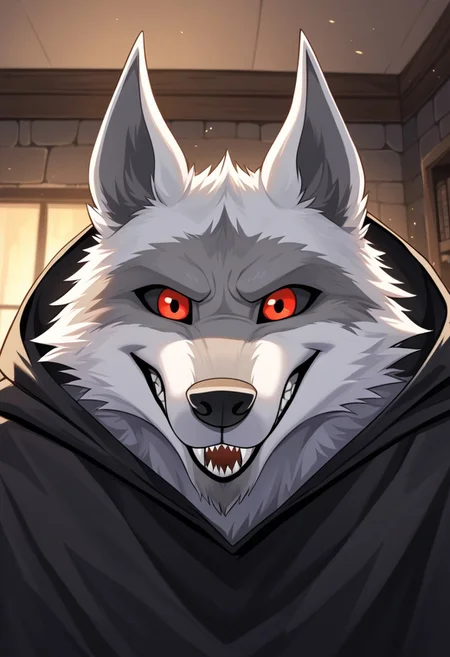 best quality, newest, absurdres, highres, 1boy,solo,Anthro,Deathwolf, Wolf, Black Sclera, Red Eyes, white fur,black hooded cloack,face focus,sharp teeth,living room