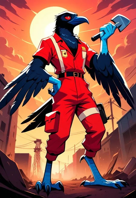 SCORE_9, SCORE_8_UP, HazbinStyle, cartoon character,
OverallDetail, Expressiveh, saturated colors (best quality:1.1), HCSV1, (masterpiece:1.2), saturated colors, (detailed:1.1), (high res, best quality:1.2),(ultra HD quality details), (dynamic angle),
SOURCE_FURRY, SOLO, 1 male, anthro bird male, anthro raven, anthro crow,
RED EYES, BLACK SCLERA, black Feathers, BLACK HAIR,
red Construction worker outfit, red construction site, holding Shovel,
Red sky, sunset,
HIGH RESOLUTION, VIVID TEXTURES, DETAILED PUPILS