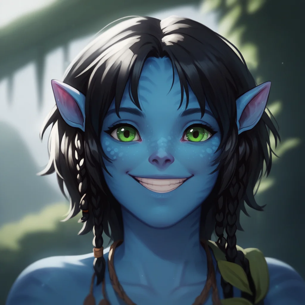 score_9_up, score_8_up, BREAK, 1girl, solo, Kiri, black hair, short hair, braid, green eyes, pointy ears, colored skin, blue skin, upper body, <lora:Kiri_Avatar_JC_PXL_Leaf1:1>, depth of field, looking at viewer, smile, front view,