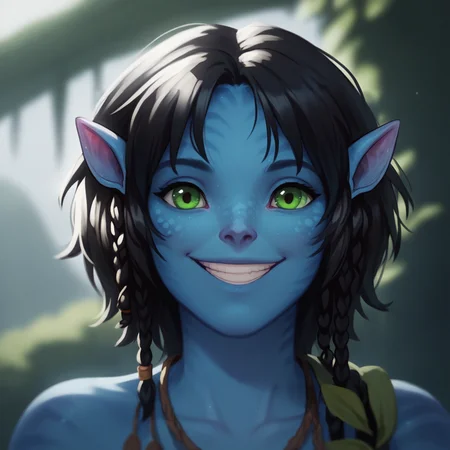 score_9_up, score_8_up, BREAK, 1girl, solo, Kiri, black hair, short hair, braid, green eyes, pointy ears, colored skin, blue skin, upper body, <lora:Kiri_Avatar_JC_PXL_Leaf1:1>, depth of field, looking at viewer, smile, front view,