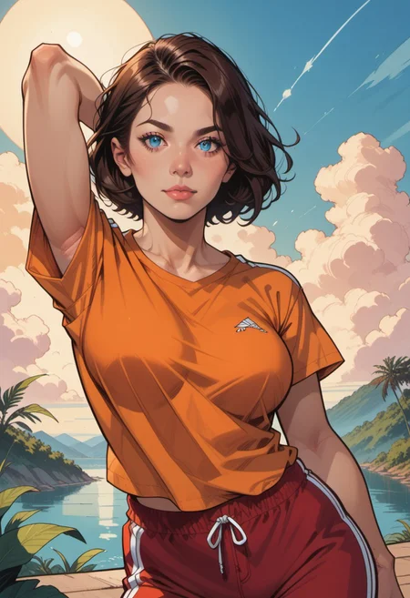 score_9, score_8_up, score_7_up, source_anime, 1woman, mature, human female, human, detailed face, jawline, smooth skin, beige skin, beautiful eyes, blue eyes, brunette, big breasts, bob cut hair, orange t-shirt, red pants, track pants, arm behind head, blue sky, sun