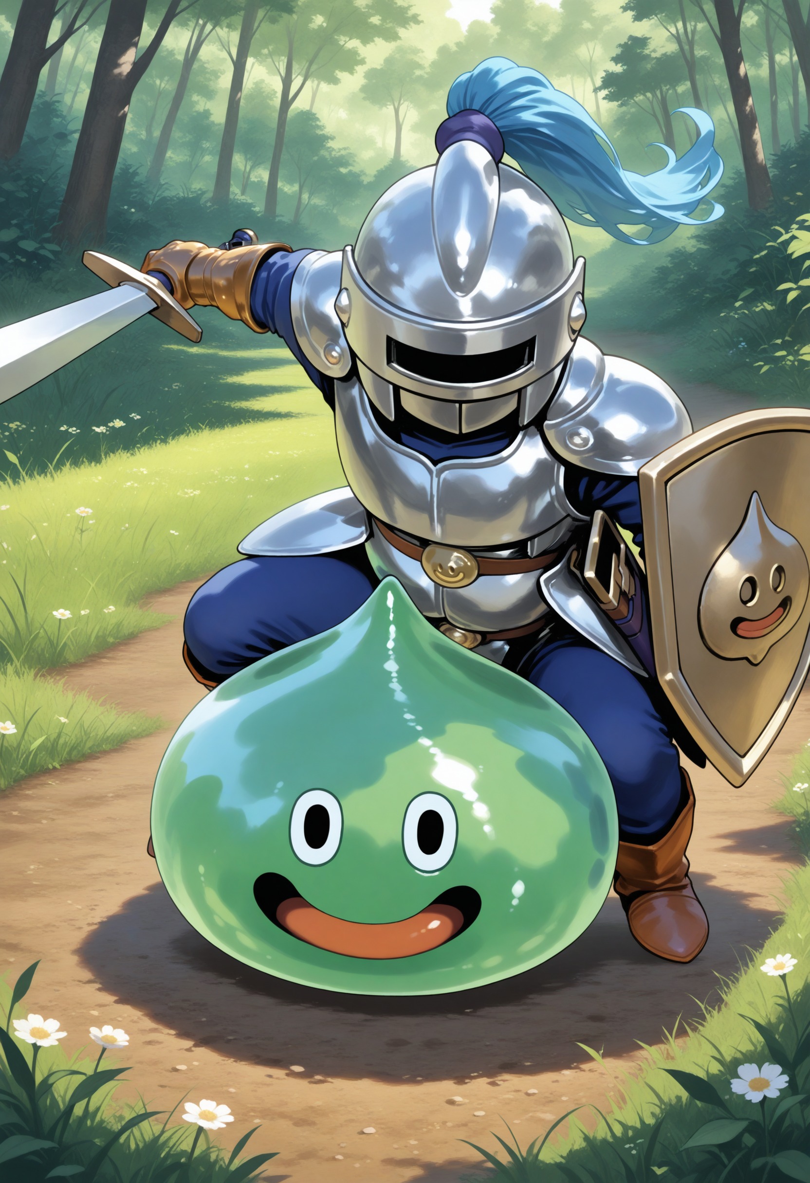 masterpiece,best quality,nature,field,slime knight,slime_(dragon_quest),armor,helmet,knight,green skin,holding sword,holding shield,<lora:slime knight-NAIvPred:0.9>,fighting stance,incoming attack,charging forward,v-shaped eyebrows,