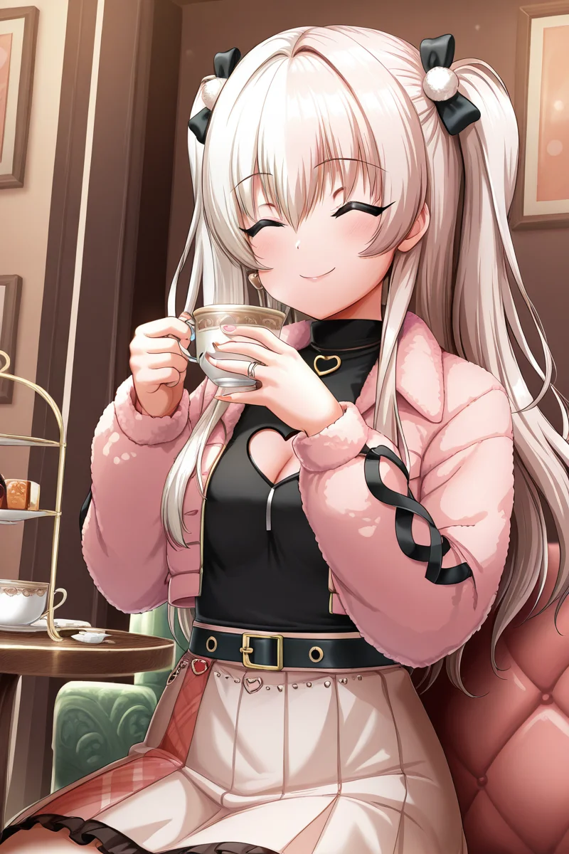 masterpiece, best quality, amazing quality,
<lora:KokoaV2_IL:1> kokoa, 1girl, solo, cup, closed eyes, smile, clothing cutout, holding, holding cup, long hair, skirt, cleavage cutout, jacket, heart cutout, jewelry, teacup, casual
