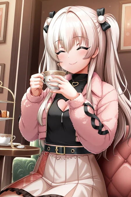 masterpiece, best quality, amazing quality,
<lora:KokoaV2_IL:1> kokoa, 1girl, solo, cup, closed eyes, smile, clothing cutout, holding, holding cup, long hair, skirt, cleavage cutout, jacket, heart cutout, jewelry, teacup, casual