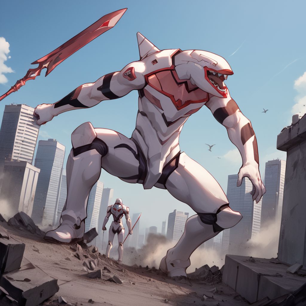 score_9, score_8_up, score_7_up, score_6_up, raw photo, anime, ruined skyline, <lora:masprodeva1-pxl:.95>,masprodeva1, Eva-02, mecha battle, city, destruction, spear, military action