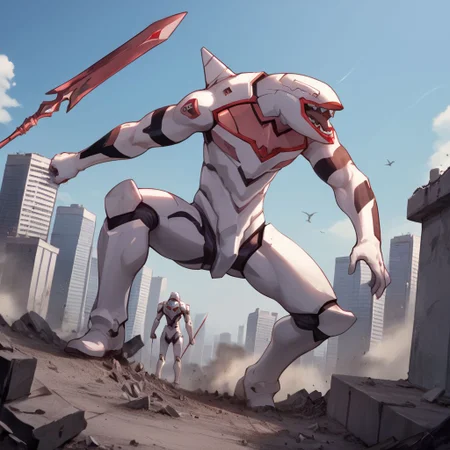 score_9, score_8_up, score_7_up, score_6_up, raw photo, anime, ruined skyline, <lora:masprodeva1-pxl:.95>,masprodeva1, Eva-02, mecha battle, city, destruction, spear, military action