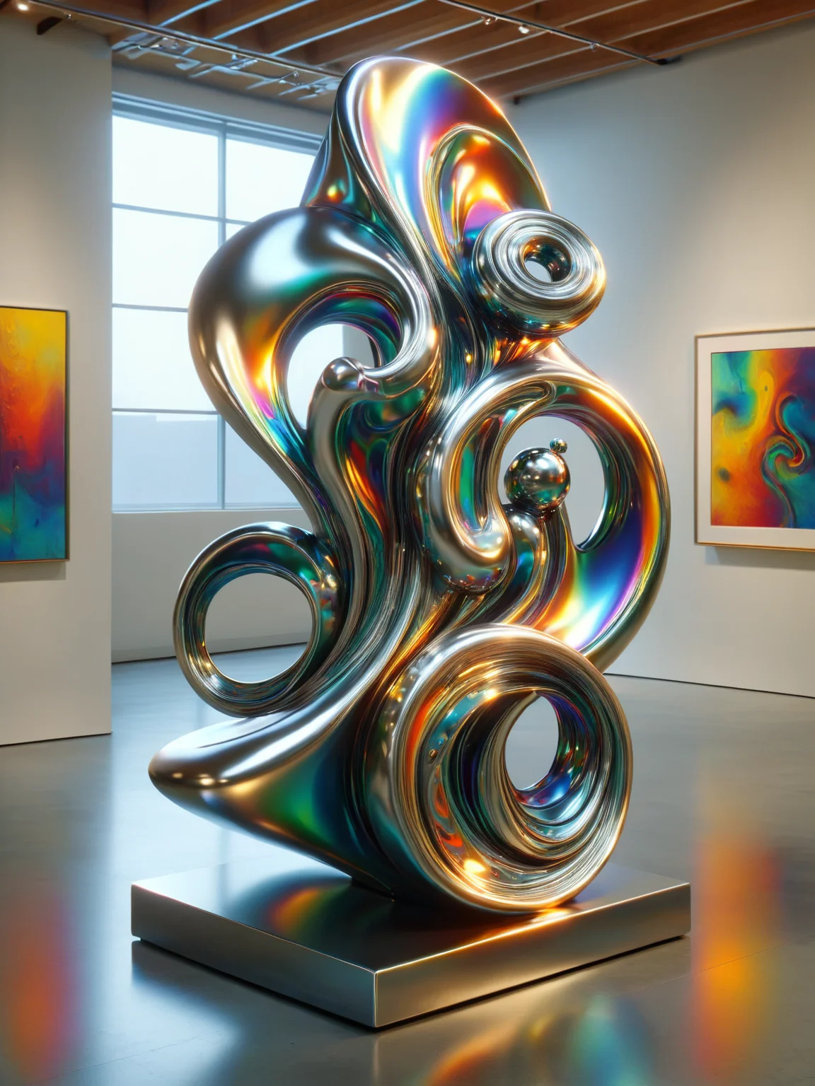 An abstract ais-metalz sculpture, composed of swirling geometric shapes and vibrant colors, evoking a sense of movement and fluidity, displayed in an art gallery setting <lora:Metallic_Iridescence_SDXL:1>