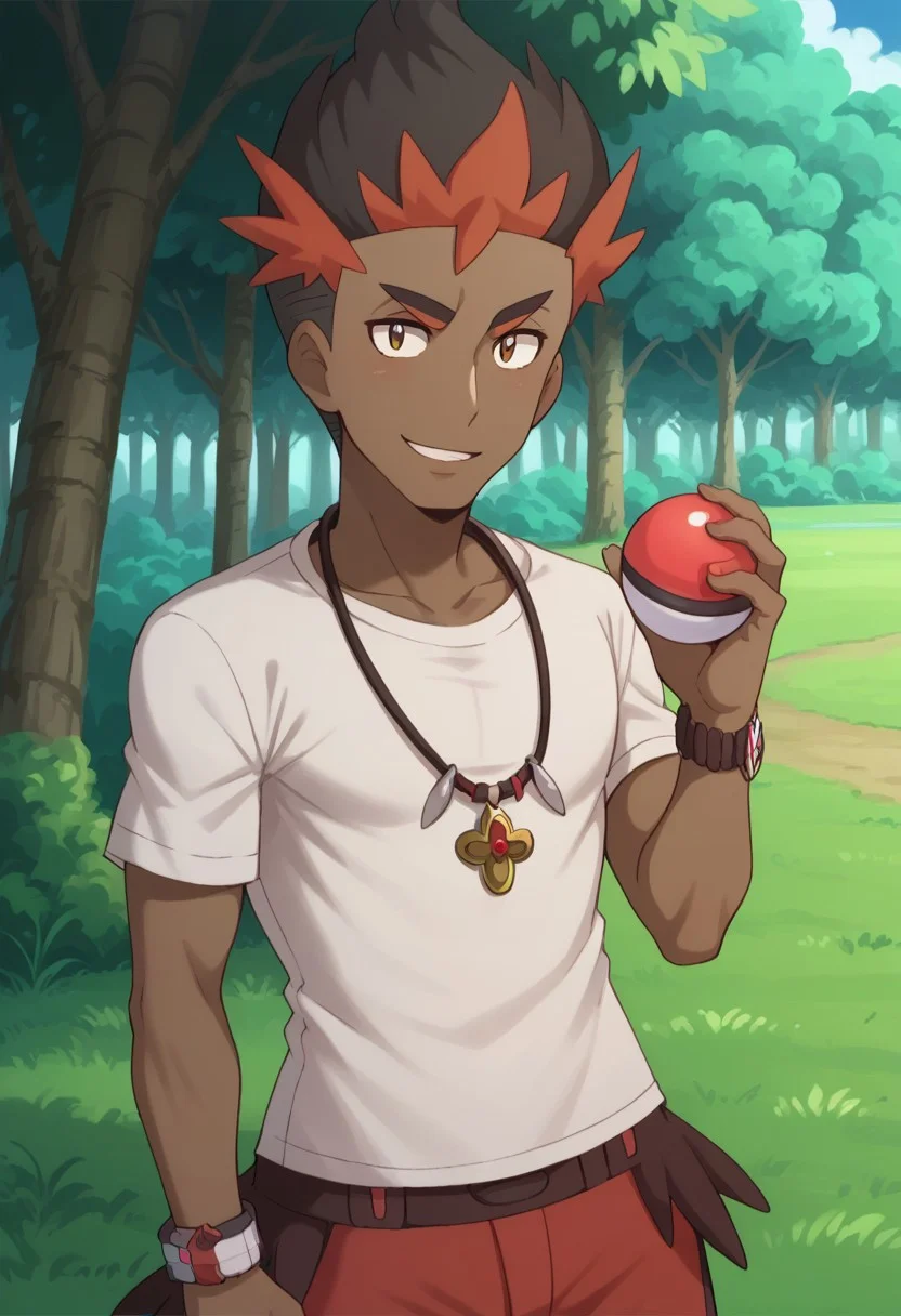 score_9, score_8_up, score_7_up, source_anime, highly detailed,
kiawe, 1boy, male focus, poke ball, red shorts, solo, dark-skinned male, dark skin, poke ball (basic), jewelry,
upper body, multicolored hair, holding, t-shirt, shorts, black hair,
two-tone hair, necklace, standing, holding poke ball, hand up, red hair, looking at viewer, smile,
bracelet,
outdoor, grass, trees, day,