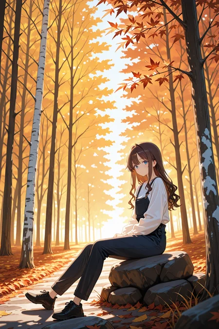 1woman, day, russia, against tree, birch, autumn, solo, outdoors, scenery, illustrious style, expressionle, closed mouth, sitting, wavy hair, sidelocks, tree, nature, white shirt, forest, sunlight, long sleeves, shoes, grass, light rays, full body, shirt, pants, sunbeam, long hair, blue eyes, looking at viewer, autumn leaves, black footwear, brown hair, black pants, from side,
A young girl sitting on a rock in the middle of a forest. she is wearing a white blouse and has long dark hair that is flowing in the wind. the girl is holding onto the rock with both hands and appears to be deep in thought. the background is filled with tall trees with orange and yellow leaves, creating a warm and autumnal atmosphere. the sunlight is shining through the trees, casting a soft glow on the scene. the overall mood of the image is peaceful and serene.
<lora:IllustriousTweakerLora_v5-215c4:0.7>
