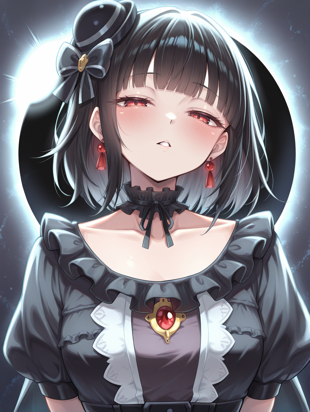 blunt bangs, moon of the closed heaven, 1girl, solo, red earrings, collarbone, looking at viewer, upper body, parted lips, blush, black frilled choker, black mini hat, black princess dress, half-closed eyes, solar eclipse,
masterpiece,best quality,amazing quality,very aesthetic,apussbsurdres,newest,<lora:Moon of the Closed Heaven illuXL v1.1:0.72>,