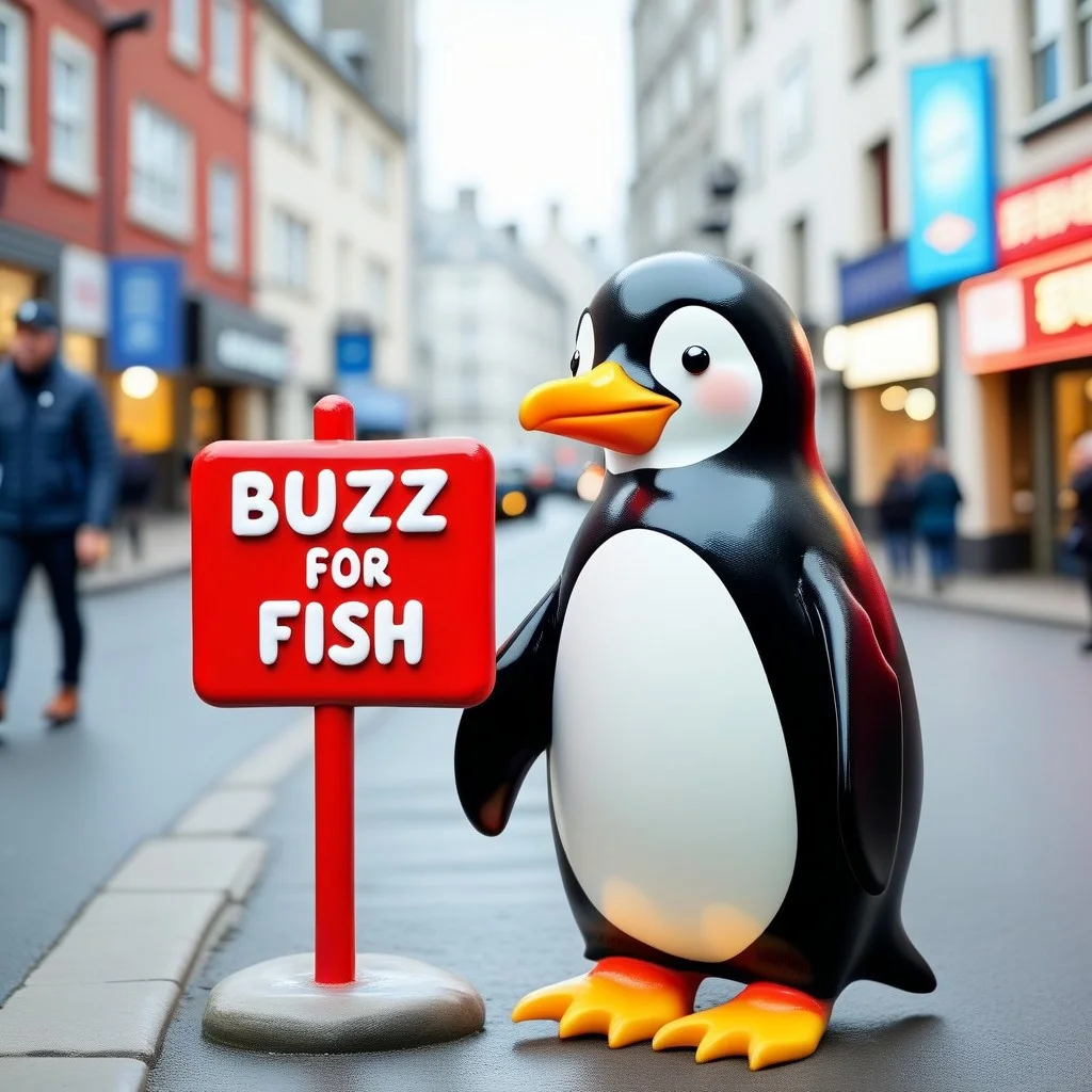 buzz, iconic penguin next to a sign with text "buzz for fish" <lora:buzz-text:.85>