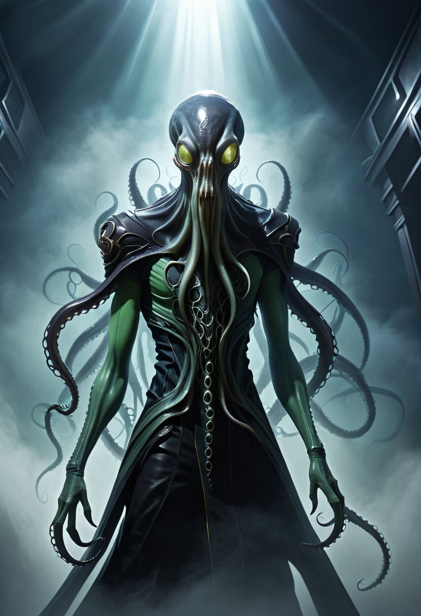 arcane and unsettling, dramatic over-the-shoulder view of prey, shadow-heavy, flickering magical light, hands raised in psionic focus, misty, otherworldly void, tentacled face, dark, leathery skin, elongated cranium, slender, alien physique, four long tentacles extending from mouth fantasy_random_lora, realistic, uhd, 8k, masterpiece, intricately detailed, cinematic, best quality, absurd resolution, fantasy art, fantasy race concept, artfully_mindflayer,  <lora:artfully_MINDFLAYER_SDXL:0.8>