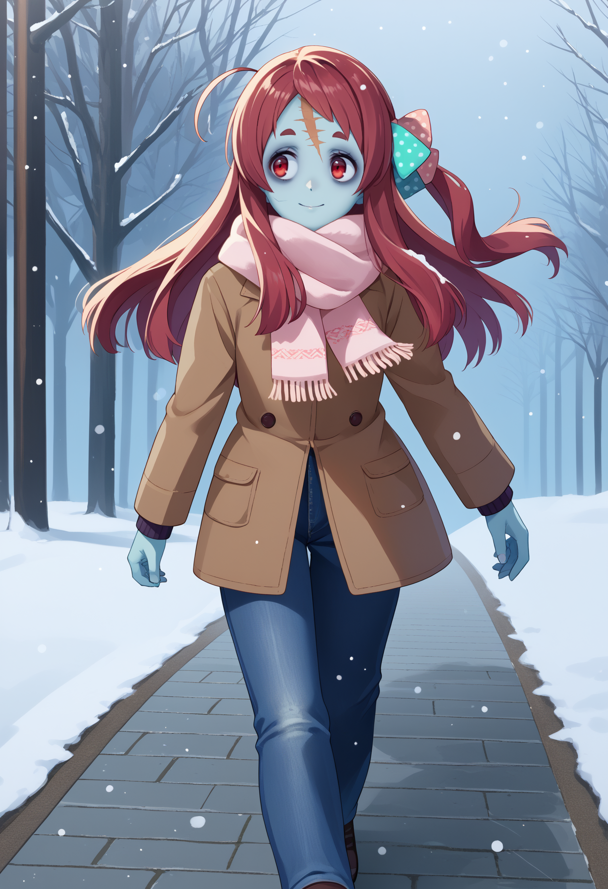 score_9, score_8_up, score_7_up, source_anime, <break> solo, 1girl, skrmnmoto, zombie, blue skin, scar on forehead, light smile, looking away, walking, long hair, red hair, ahoge, one side up, hair bow, polka dot bow, red eyes, winter clothes, brown coat, jeans, scarf, snowing, outdoors
<segment:yolo-face_yolov8m.pt,0.4,0.5//cid=1>